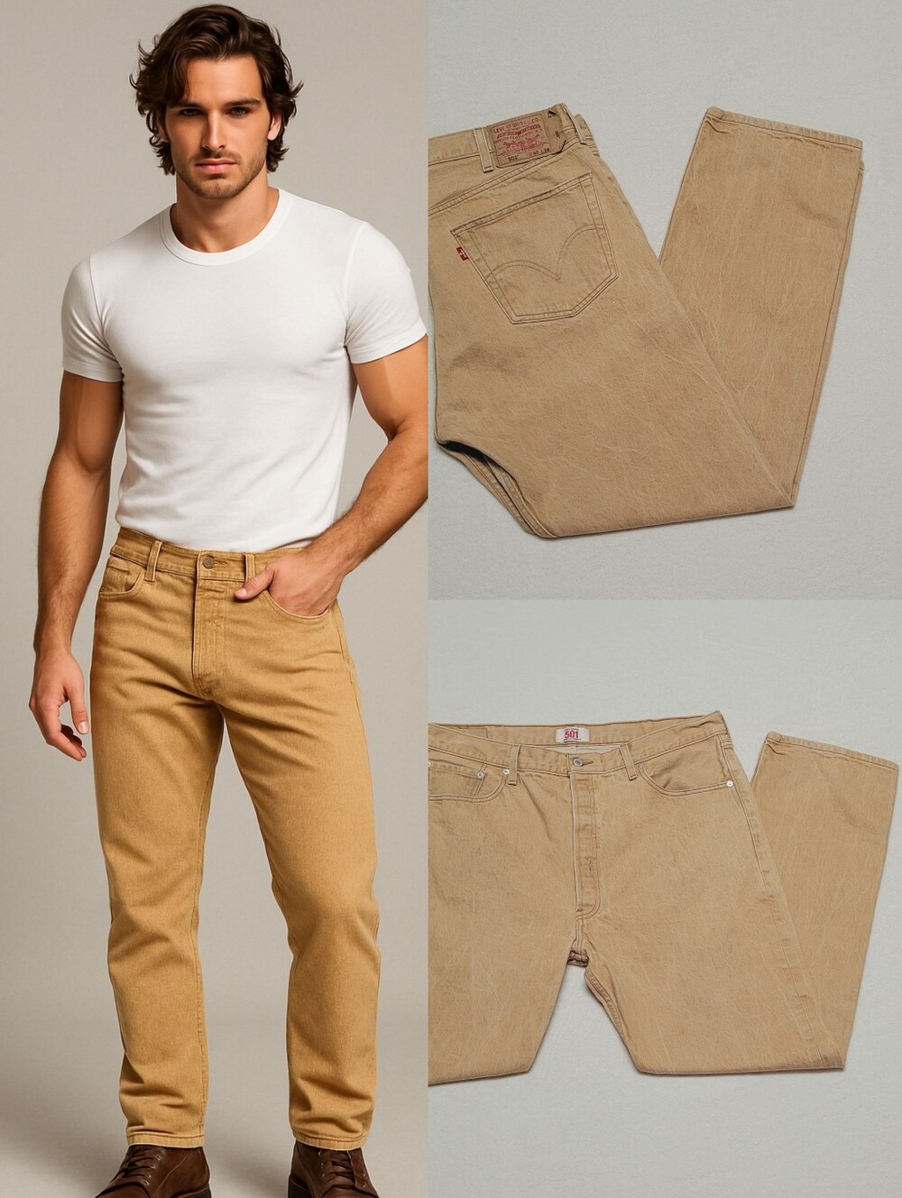 Vintage Levi's 501 Tan Button-Fly Stone Washed High Waisted Straight Leg Jeans